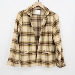 Active Usa Plaid Blazer Jacket M Tan Brown Wool Blend Open Front Old Money Fall